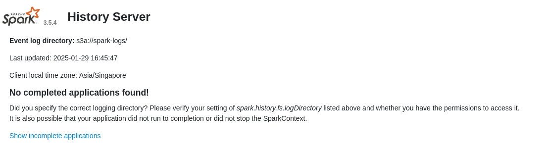 Spark History Server Homepage